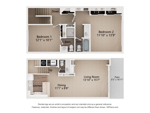 Floor plan for 2 beds, 2.5 baths, 1224 sqft